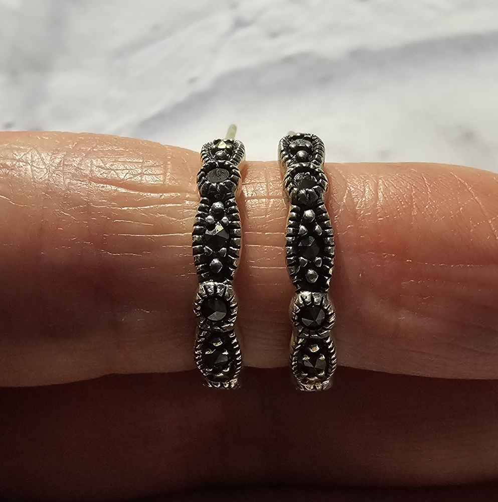 Sterling Silver Marcasite Hoop Earrings - Picture 2 of 4